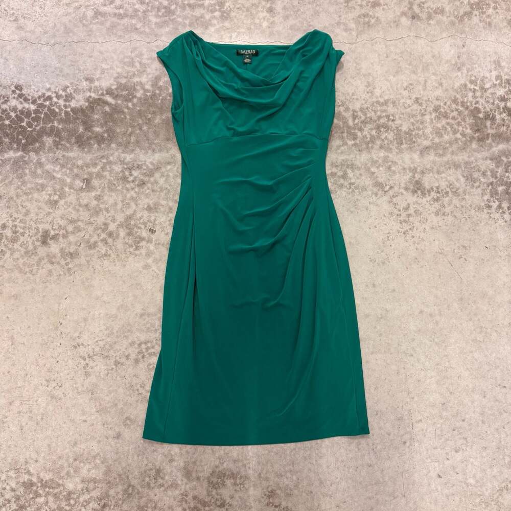Lauren Ralph Lauren Green Ruched Cowl Neck Sheath Dress Size 10